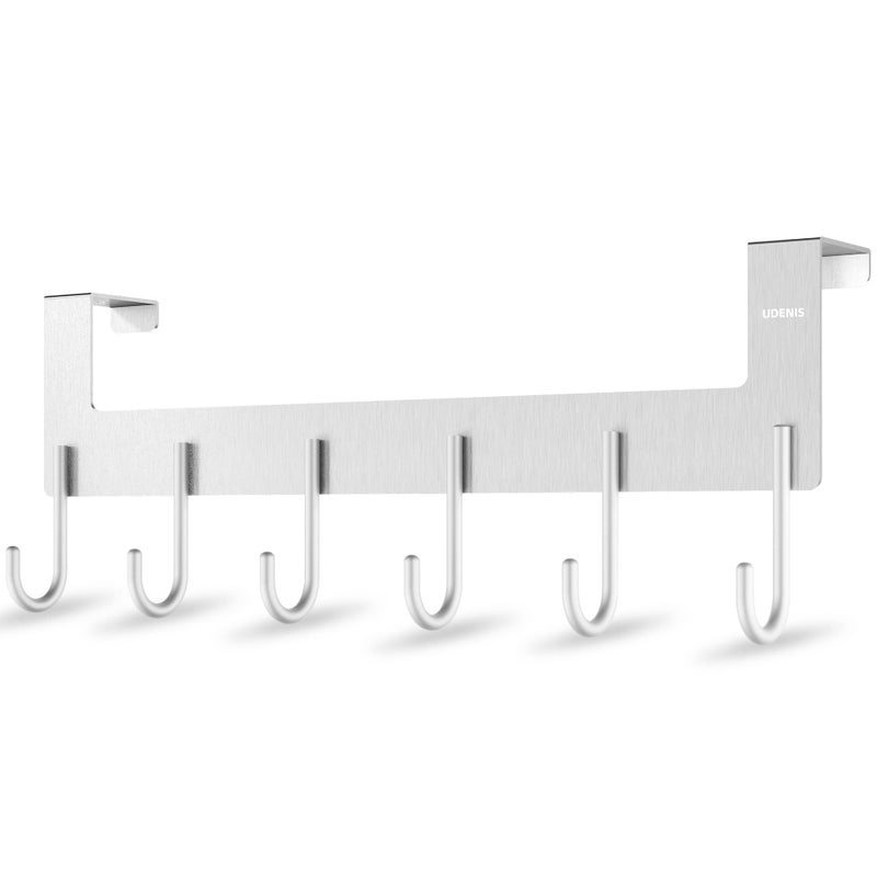 UDENIS Over The Door Hanger, Metal Over The Door Hook Rack with 6 Hook for Hanging Towel Robe Coat Bathroom Bedroom Drying Racks for Laundry Silver - Image 1